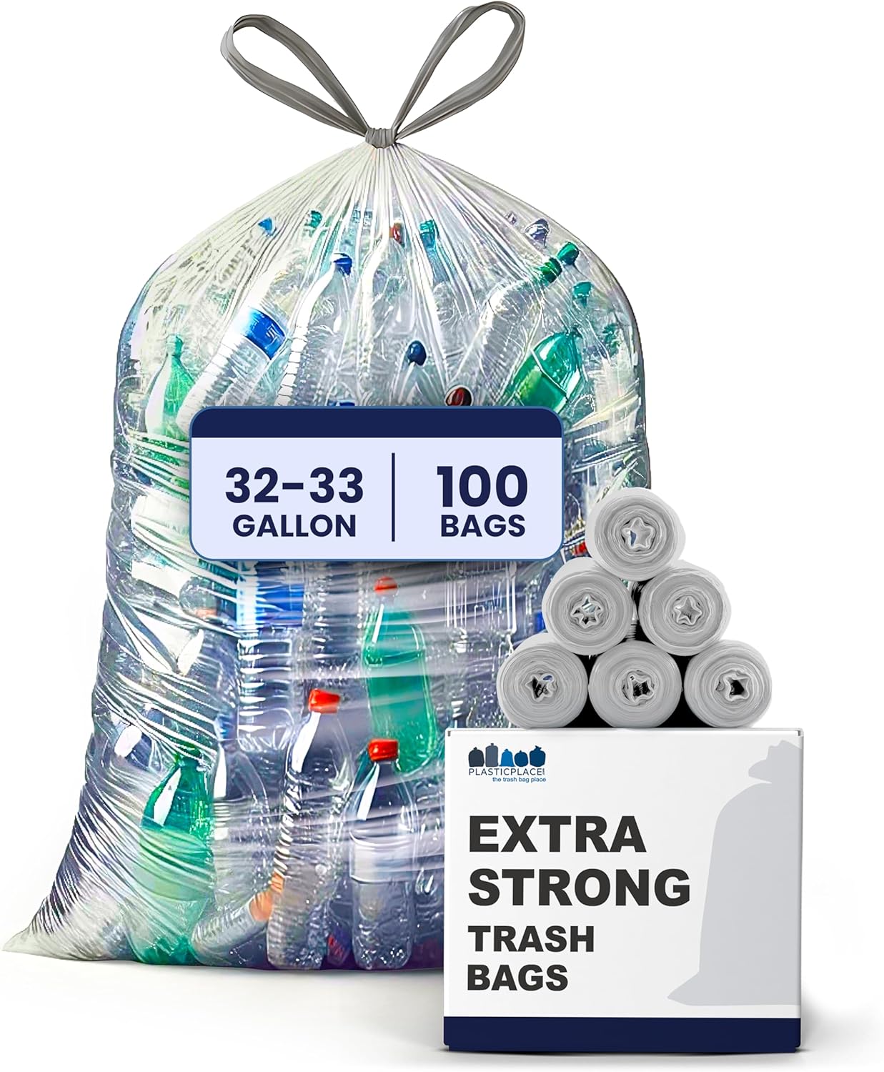 Plasticplace 32-33 Gallon Recycling Bags │ 0.9 Mil │ Clear Drawstring Garbage Can Liners │ 33" x