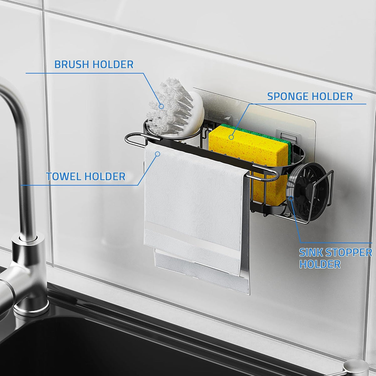 Cisily Kitchen Sink Caddy Sponge Holder in The Sink, Stainless Steel Kitchen Sink Organizer, Brush