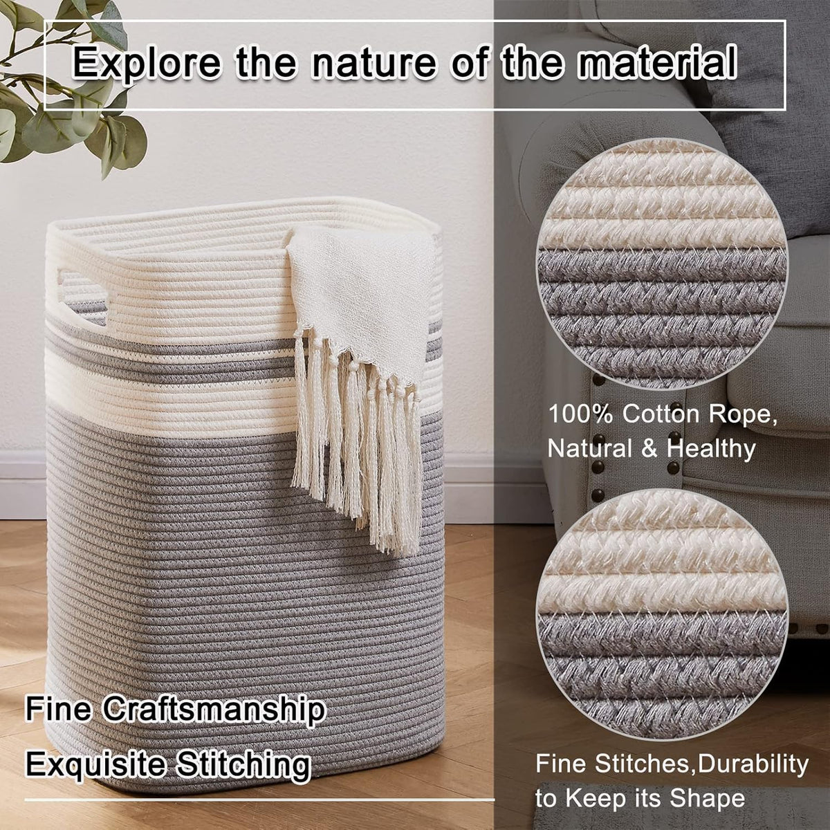 OIAHOMY Laundry Hamper, Tall Cotton Decorative Blanket Storage Basket with Handles for Living