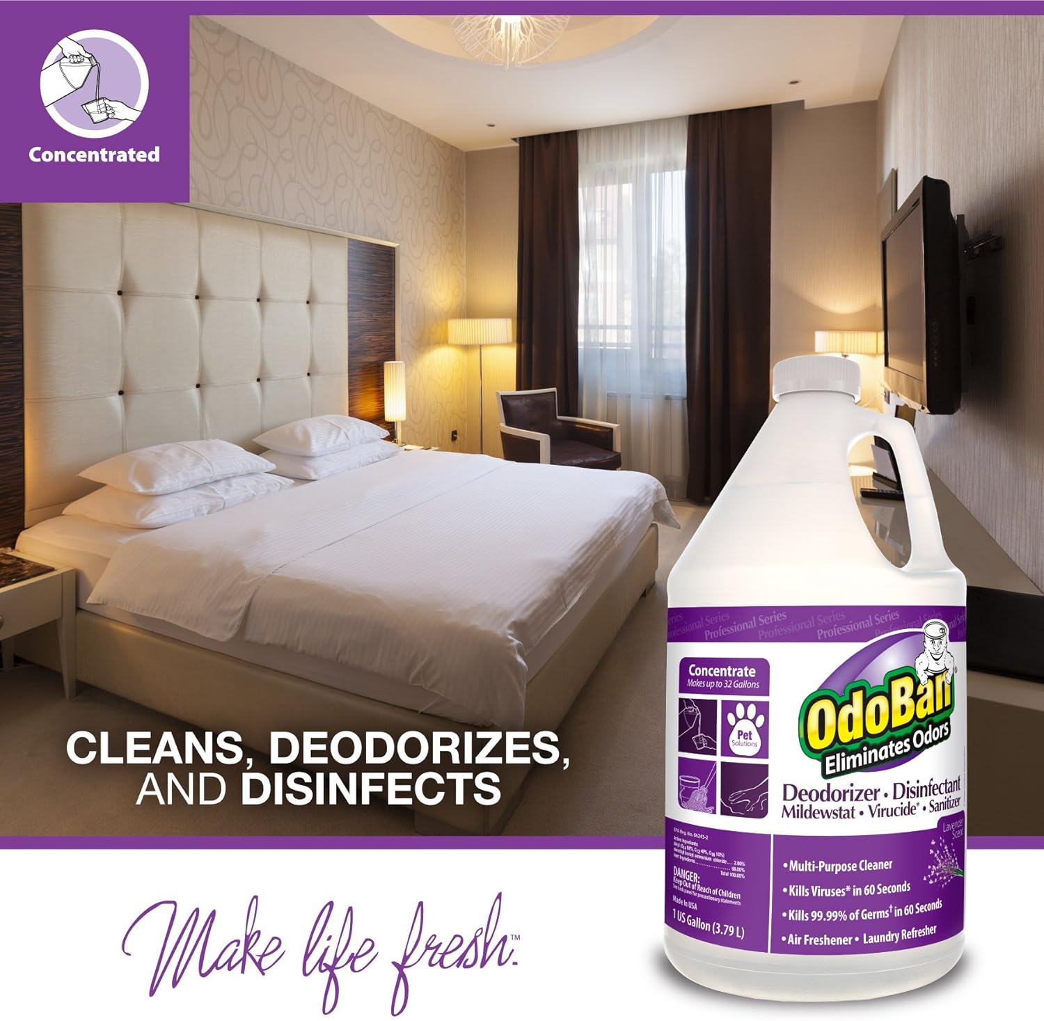 OdoBan Professional Disinfectant and Odor Eliminator Concentrate, Made in the USA, Lavender Scent