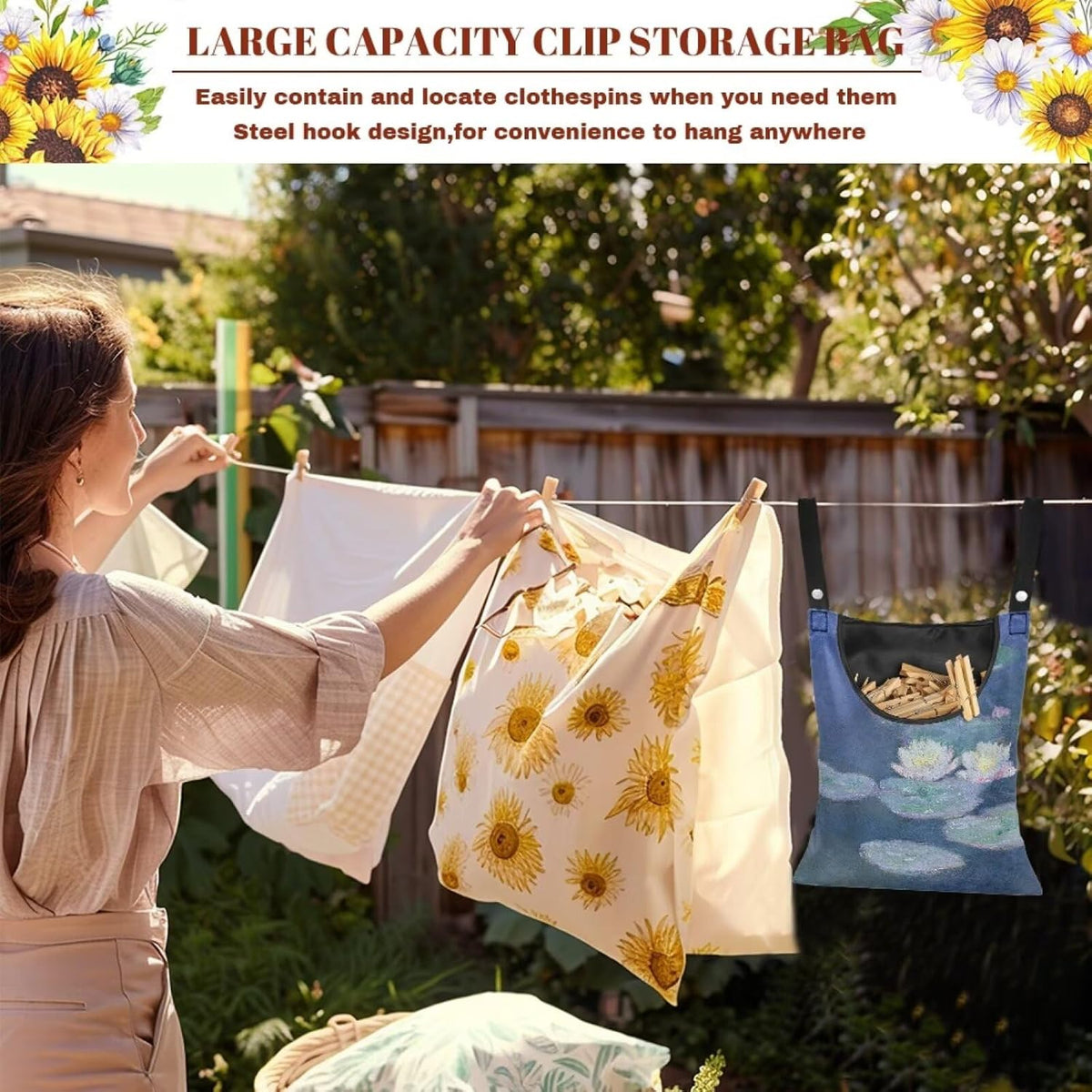 Outdoor Clothespin Storage Bag with Windproof Design - Monet Water Lilies Print Heavy Duty