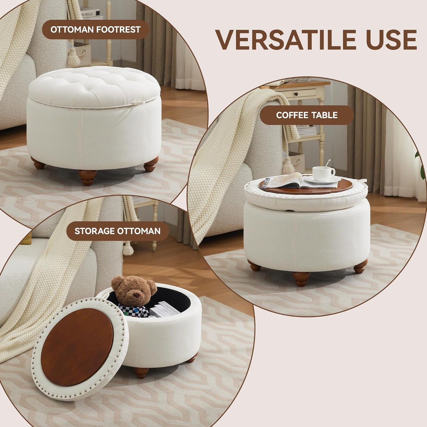 24Inch Round Storage Ottoman with Tray, Modern Tufted Fabric Circle Coffee Table with Storage