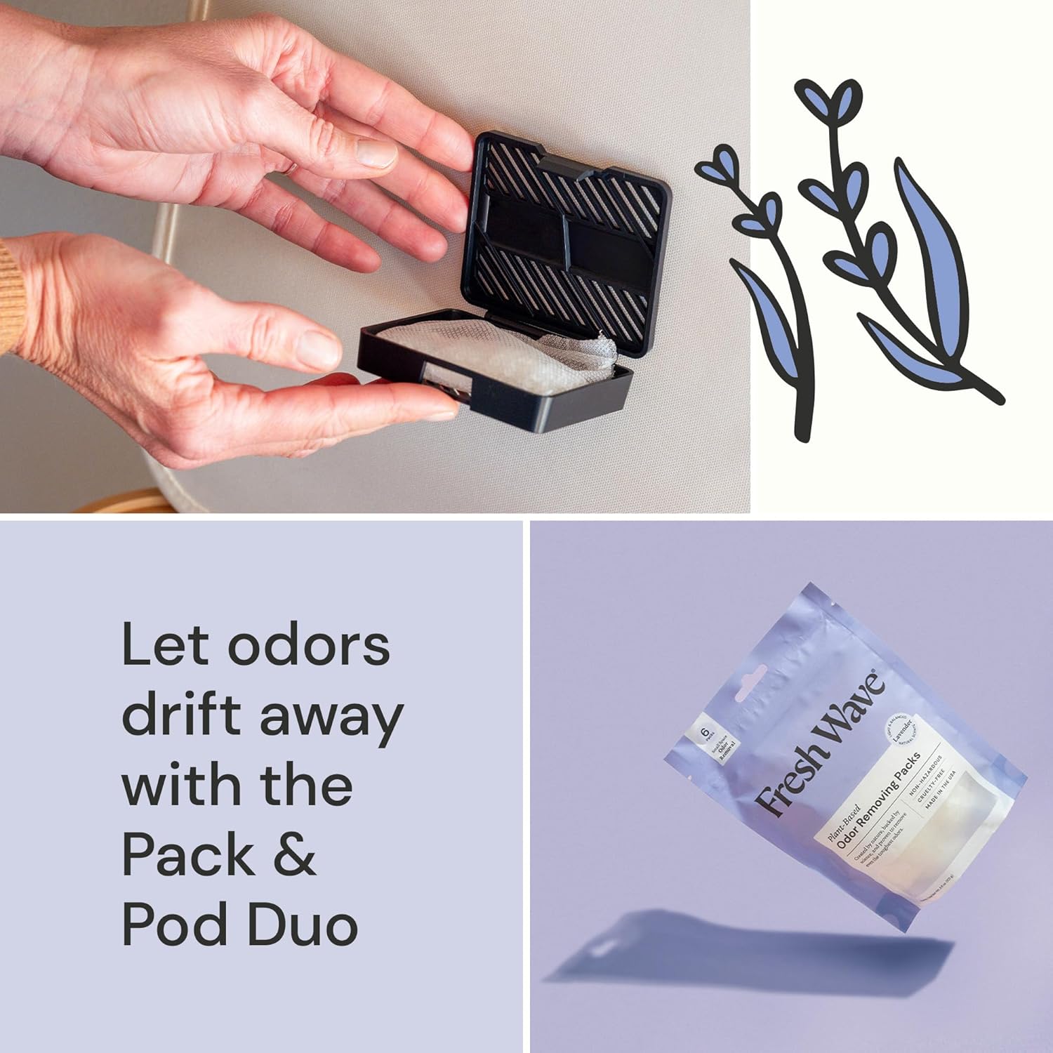 Fresh Wave Lavender Odor Eliminating & Deodorizing Packs | Bag of 6 & Fresh Pod Case | Safer Odor