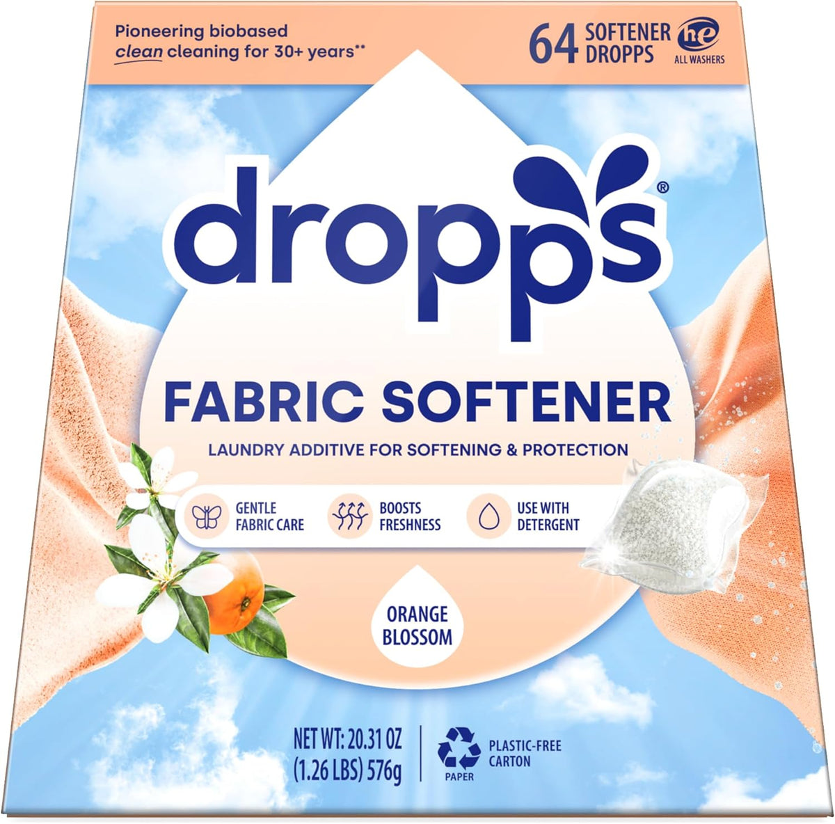 Dropps Laundry Fabric Softener Pods, Orange Blossom (64 Count) - Fabric Softener Liquid Pods for