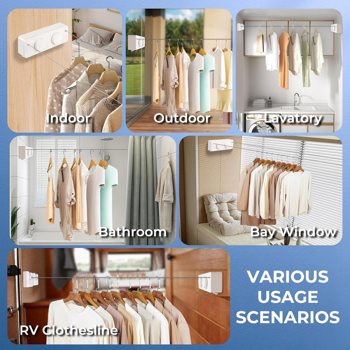 Retractable Clothesline Indoor Outside Heavy-Duty, Upgrade 304 Double Stainless Steel Shower Room
