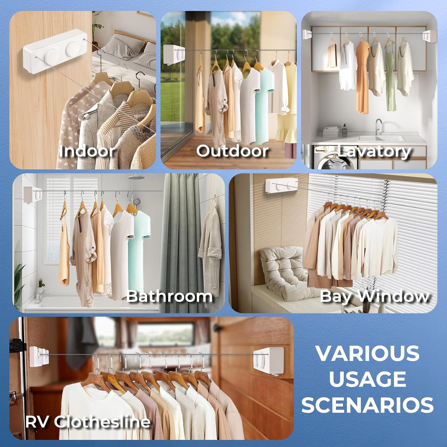 Retractable Clothesline Indoor Outside Heavy-Duty, Upgrade 304 Double Stainless Steel Shower Room