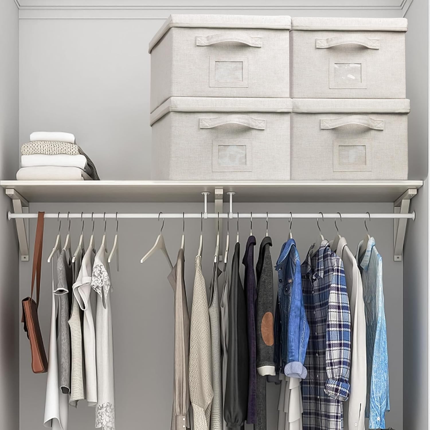 Large 17''x12'' Quart Collapsible Stackable Storage Bins with Lids, 4 Packs Off White Fabric Closet