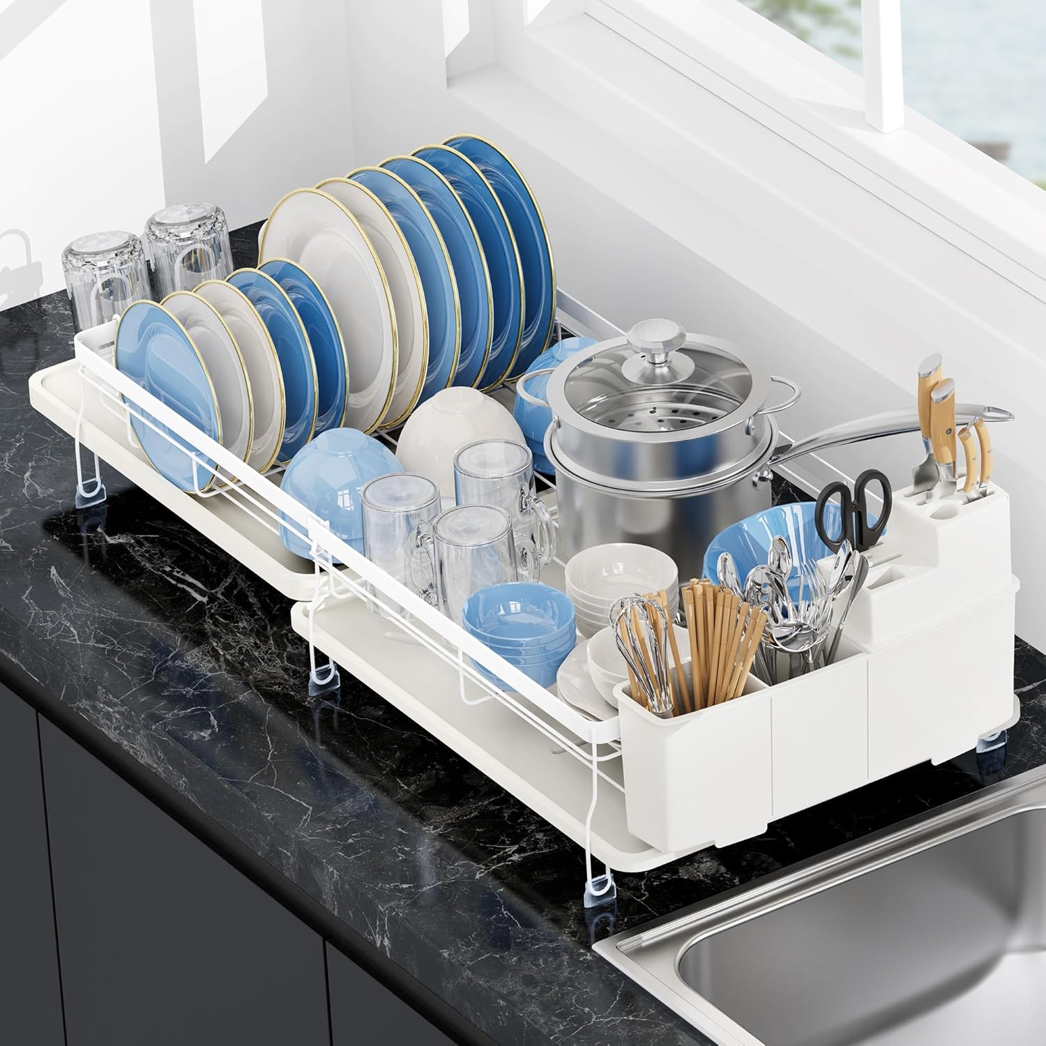 ROTTOGOON Expandable Dish Drying Rack,Multifunctional Adjustable Dish Drainer with Swivel Spout and