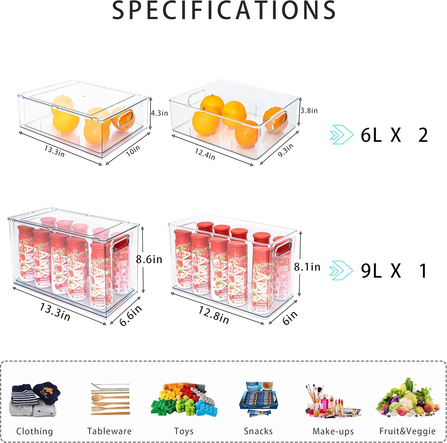 MineSign Stackable Fridge Drawer Pull-Out Bins with Handles 3 Pack Large Clear Food Container with