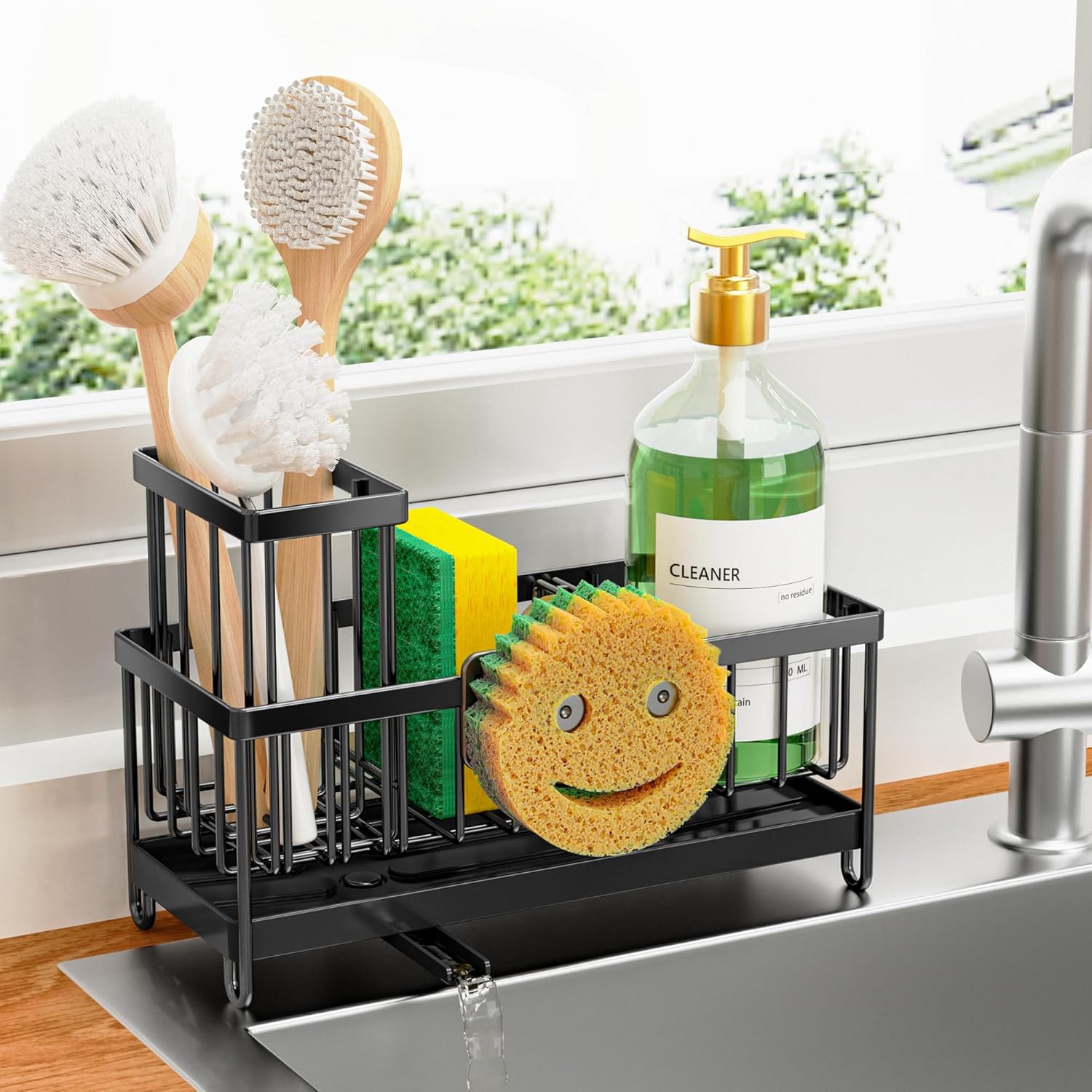 Cisily Black Smiley Face Dish Sponge Holder Sponge Holder for Kitchen Sink, Sink Caddy Organizer