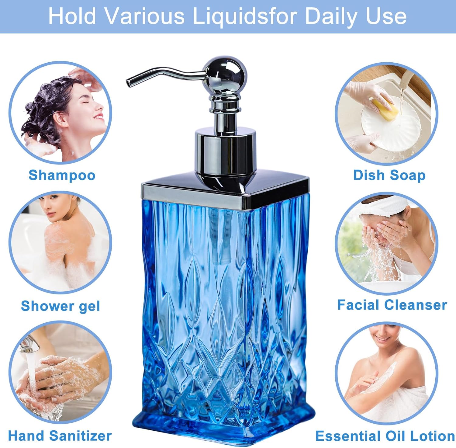10Oz Diamond Grid Pattern Blue Glass Soap Dispenser with Rust Proof Stainless Steel Pump,Refillable
