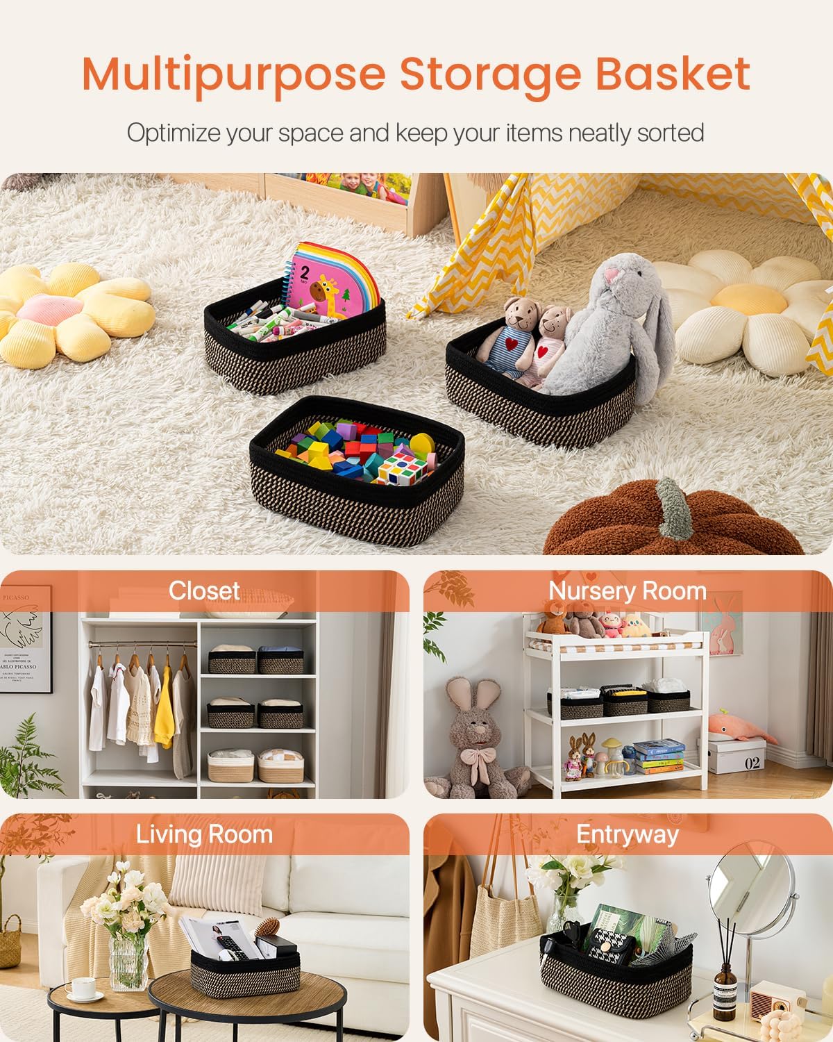 Small Woven Basket, 13.5 x 9.5 x 5 Inches, Storage Basket for Organizing, Cute Small Rope Shelf