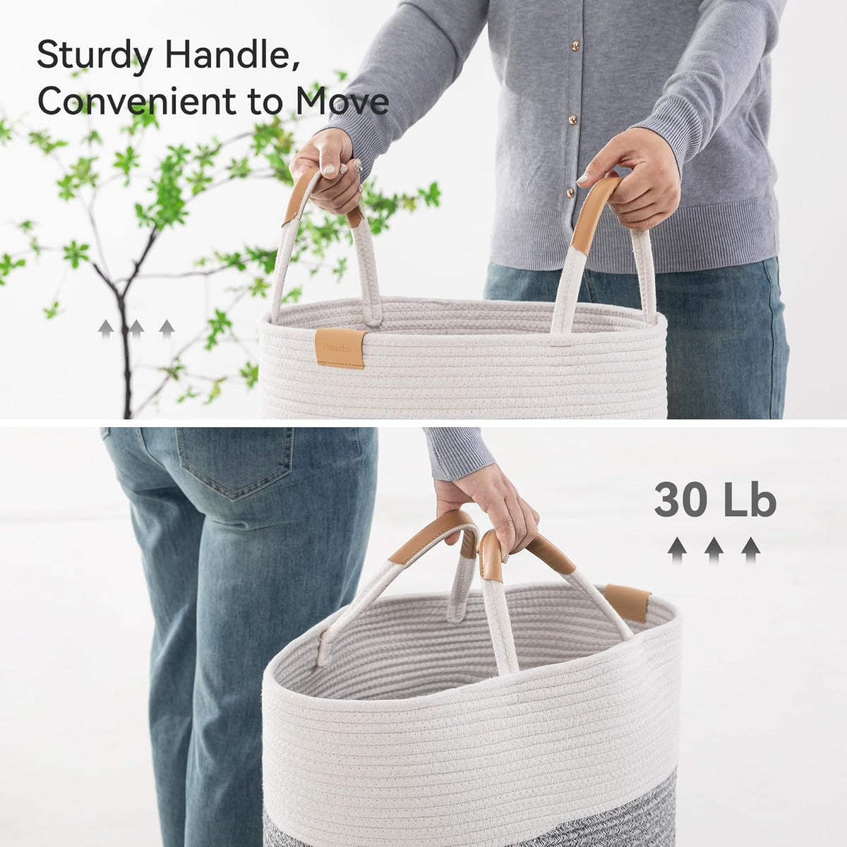 95L Striped Laundry Hamper with Leather Handles ,Large Foldable Laundry Basket for Clothes,Cotton