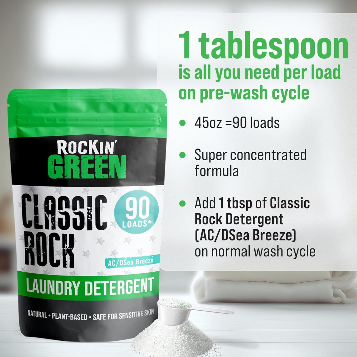 Rockin' Green Classic Rock Laundry Detergent (90 Loads), Plant based, All Natural Laundry Detergent