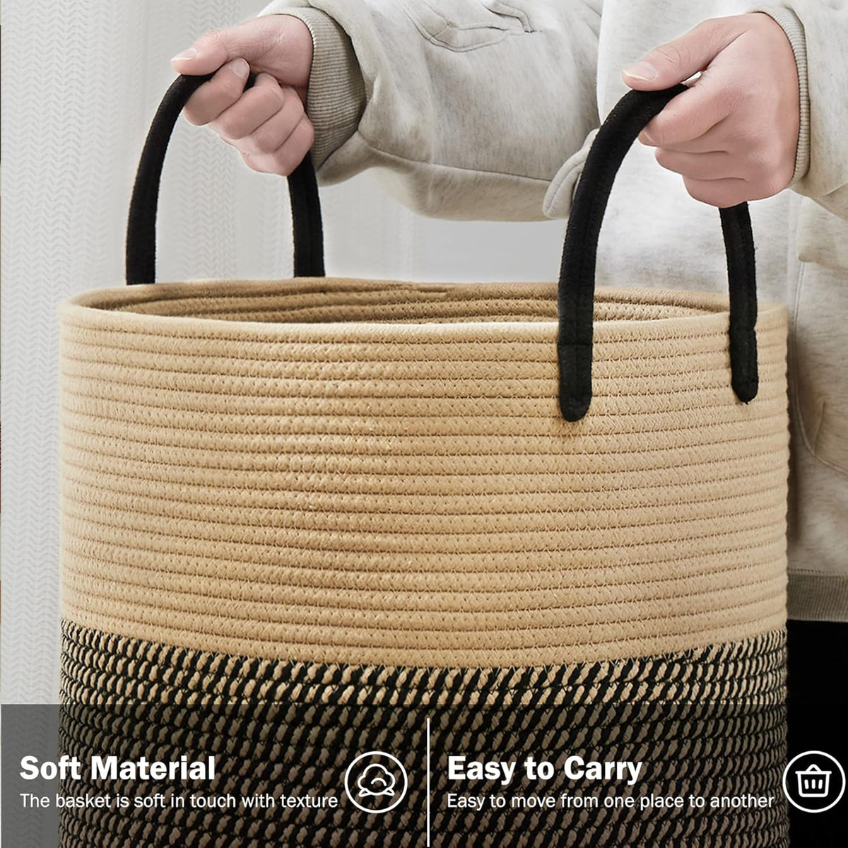 YOUDENOVA Woven Rope Laundry Hamper Basket, 100L Tall Laundry Basket, Baby Nursery Hamper for