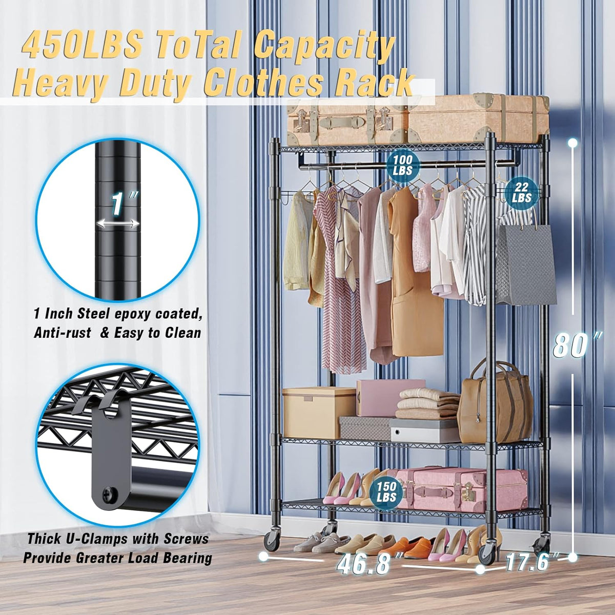 Homdox Rolling Garment Rack with Double Rod, Heavy Duty Clothing Rack with Shelves, Portable