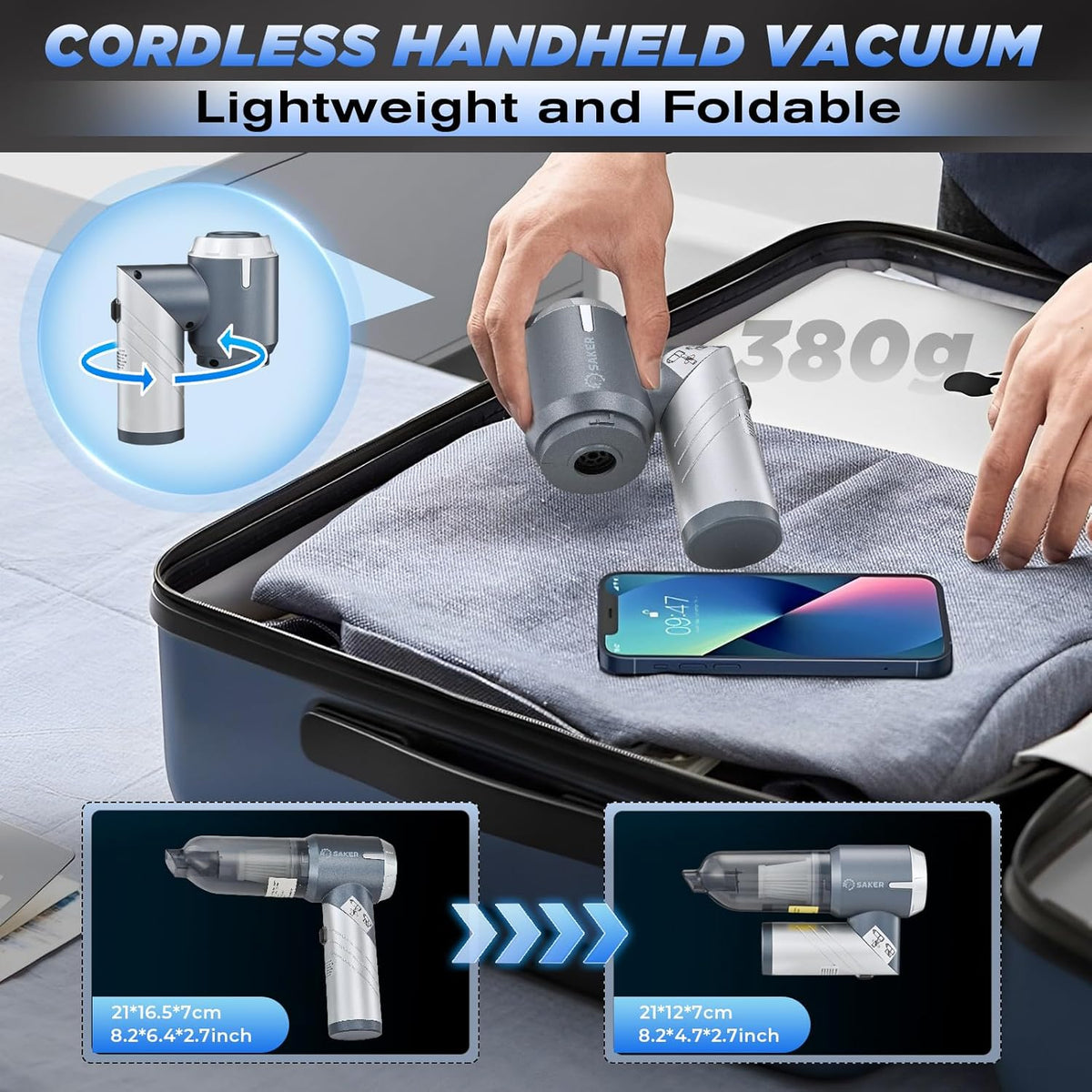 Saker Car Vacuum Cleaner 17000PA Foldable 3 in 1 Mini Handheld Vacuums Portable Cordless with