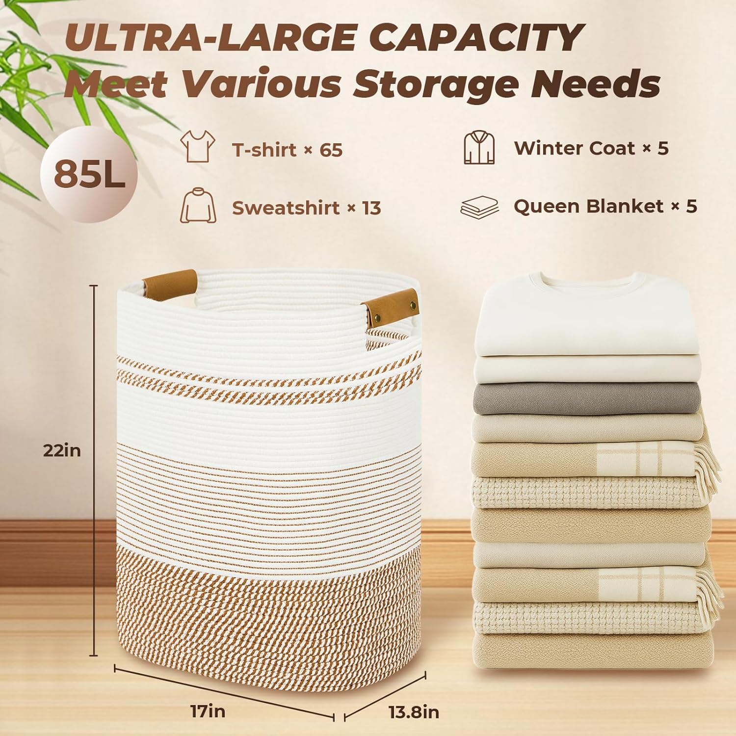 Laundry Basket with Handles - Blanket Basket & Hampers for Bedroom Aesthetic, Laundry Hamper &