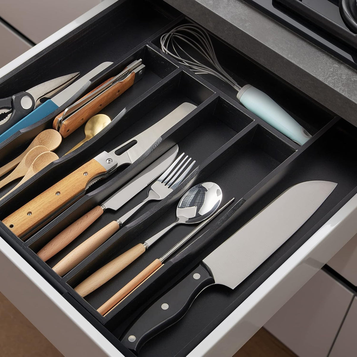Expandable Bamboo Kitchen Drawer Organizer for Cutlery and Utensils, Adjustable Bamboo Wood Cutlery