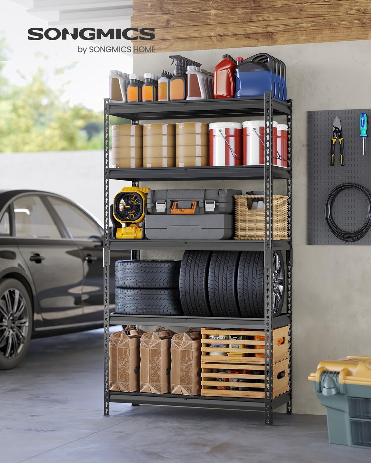 SONGMICS 5-Tier Storage Shelves, Heavy-Duty Garage Shelving, Adjustable Shelving Unit, Steel Shelf