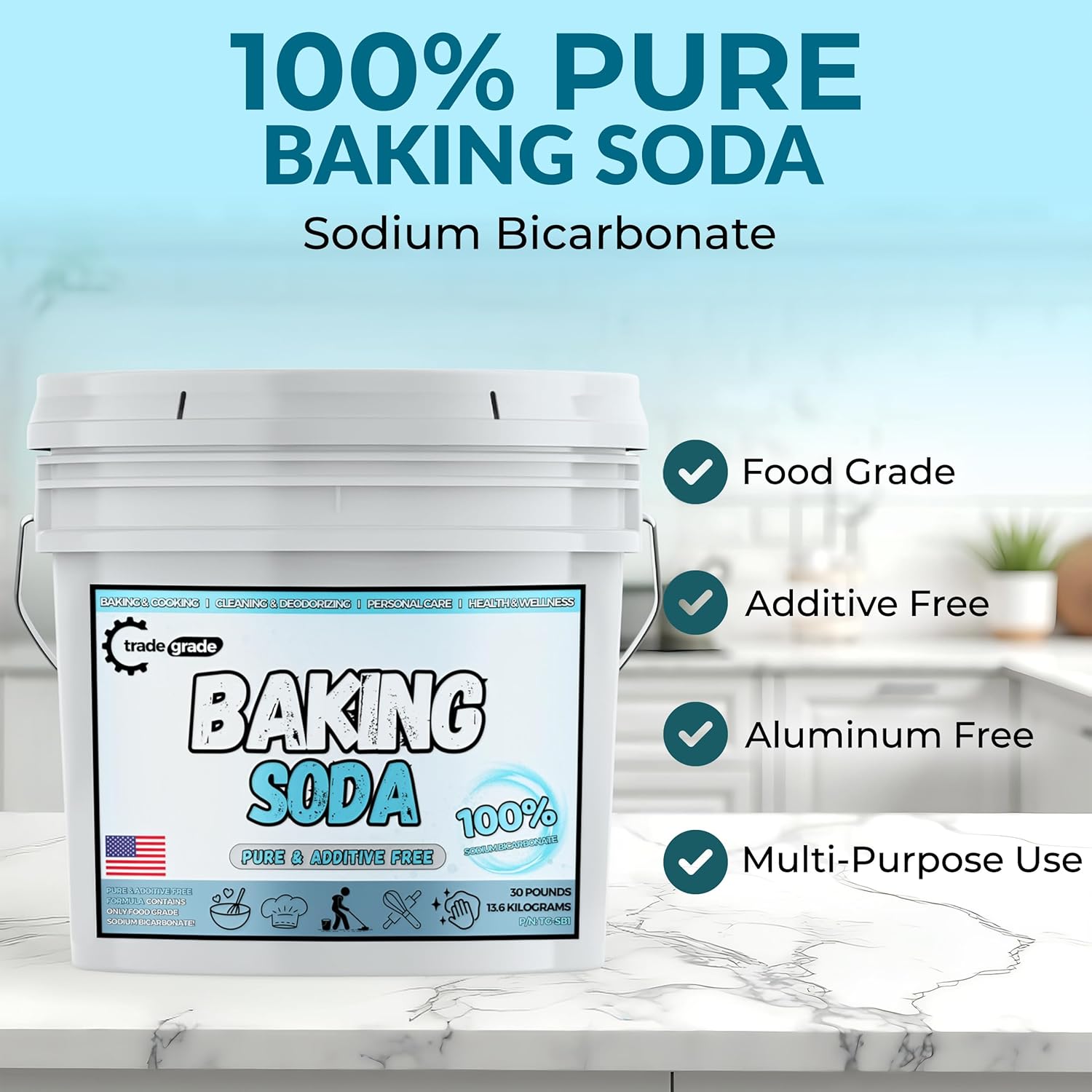 TradeGrade Pure Baking Soda Powder – 30 lb Bucket, Sodium Bicarbonate Powder | Premium Food-Grade
