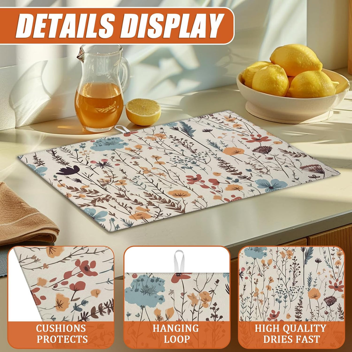 Vintage Floral Dish Drying Mat for Kitchen Counter Microfiber Absorbent Dish Kitchen Drying Mat