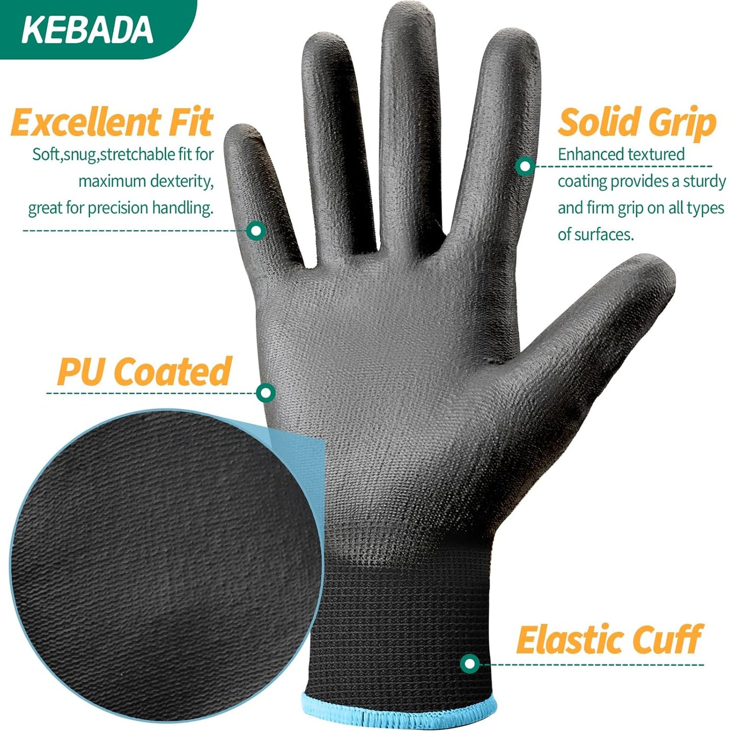 Kebada Safety Work Gloves, 12 Pairs Work Gloves with Grip, PU Coated Grip Gloves for Warehouse