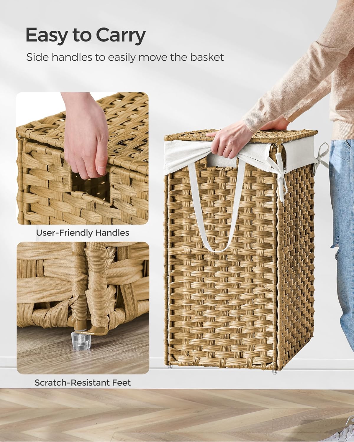 SONGMICS Laundry Hamper with Lid, 23.8 Gallon (90 L) Synthetic Rattan Clothes Laundry Basket with