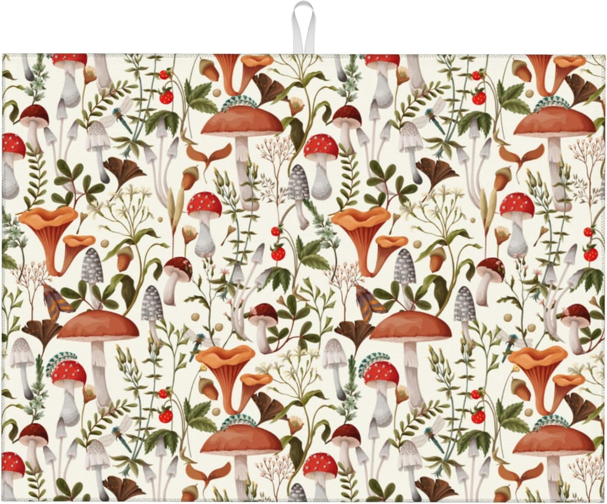Boho Mushroom Decor Microfiber Dish Drying Mat for Kitchen Counter 18"x24" Botanic Plant Beige