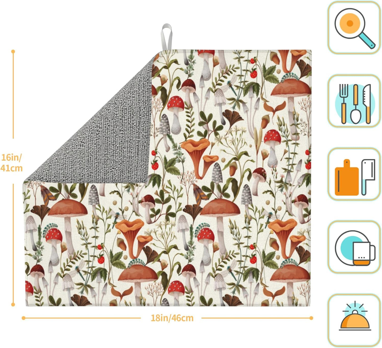 Boho Mushroom Decor Dish Drying Mat for Kitchen Counter Botanic Plant Beige Dish Drainer Rack Mats
