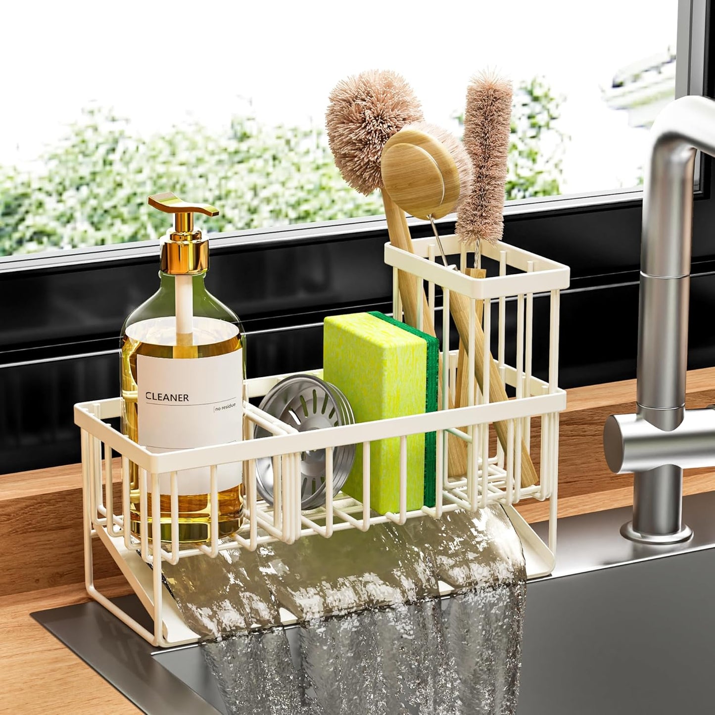 Cisily Off White Sponge Holder for Kitchen Sink, Sink Caddy Organizer with High Brush Holder