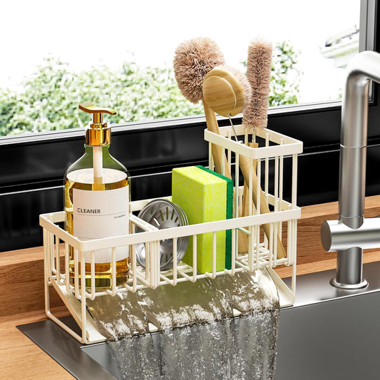 Cisily Off White Sponge Holder for Kitchen Sink, Sink Caddy Organizer with High Brush Holder