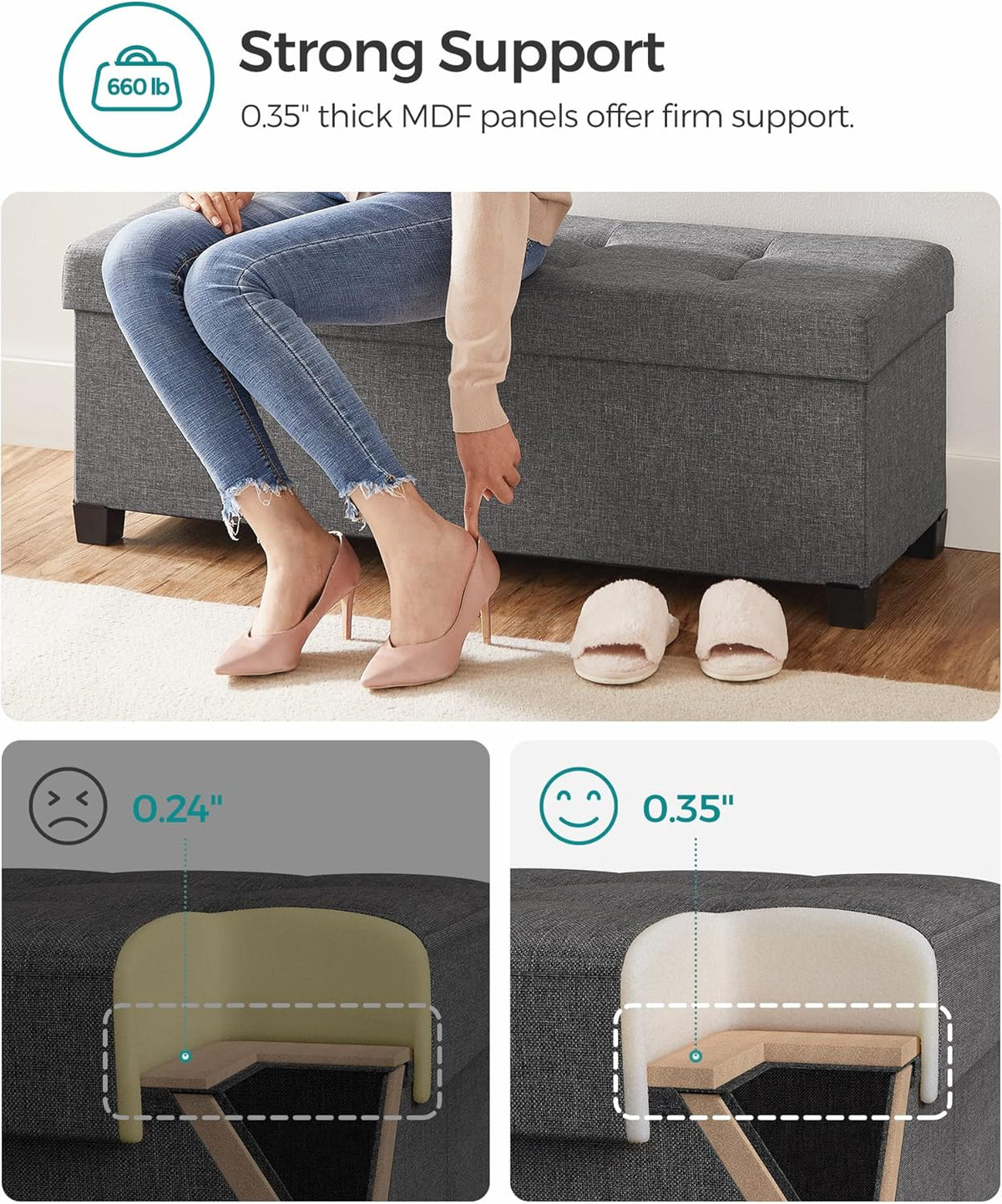SONGMICS Storage Ottoman Bench, Foldable Foot Rest with Legs, 15 x 43 x 15.7 Inches, End of Bed