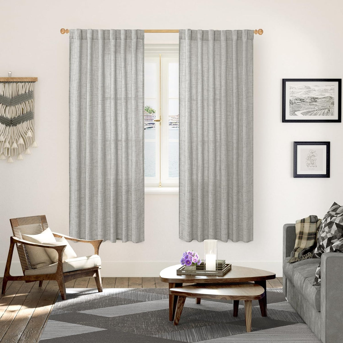 YoungsTex Dark Grey Linen Semi Sheer Curtains 2 Panels for Living Room, Light Filtering Window