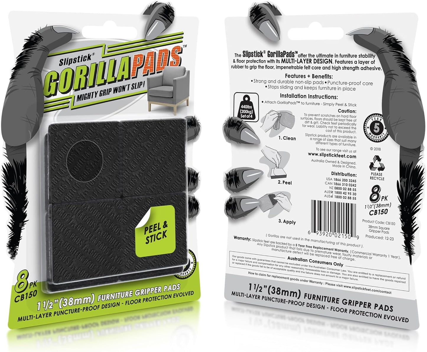 Slipstick GorillaPads CB150 Non Slip Furniture Pads/Rubber Grips (Set of 8) Self Adhesive Furniture