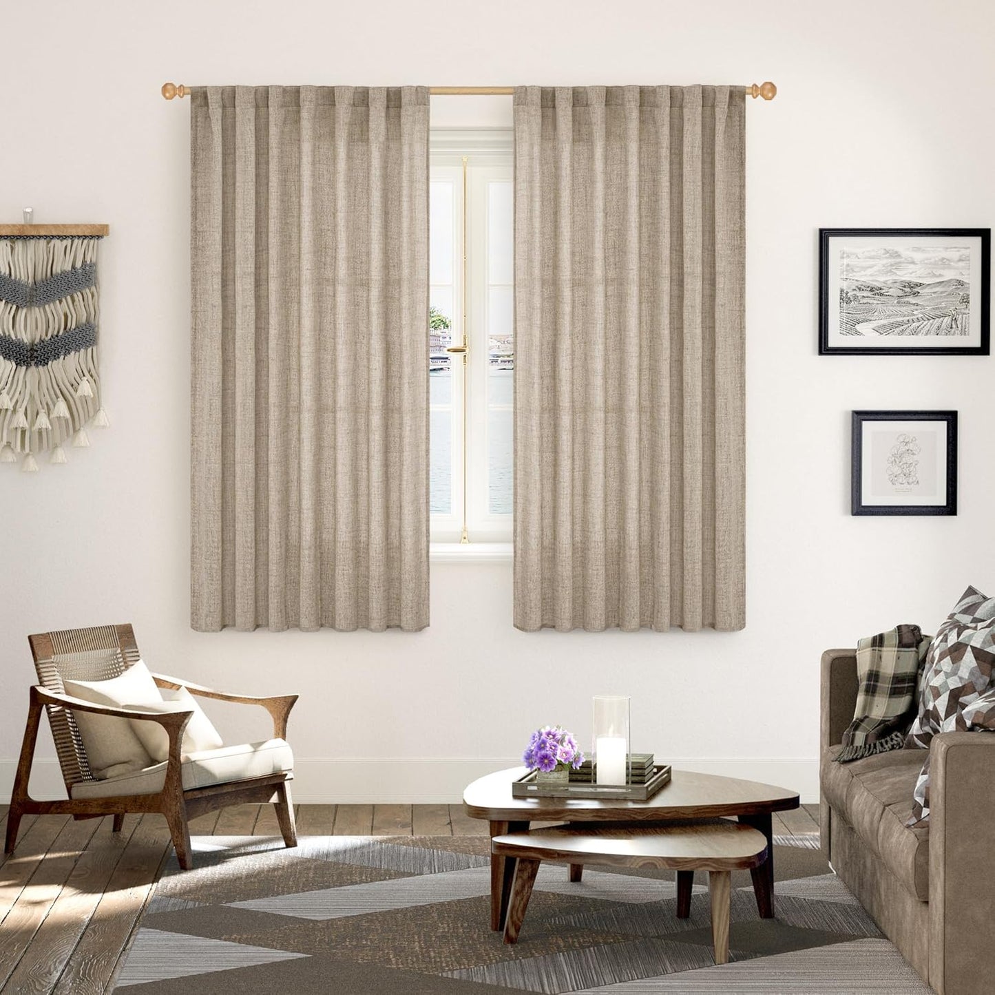 YoungsTex Dark Oatmeal Linen Curtains 63 Inch Length for Living Room, Semi Sheer Light Filtering