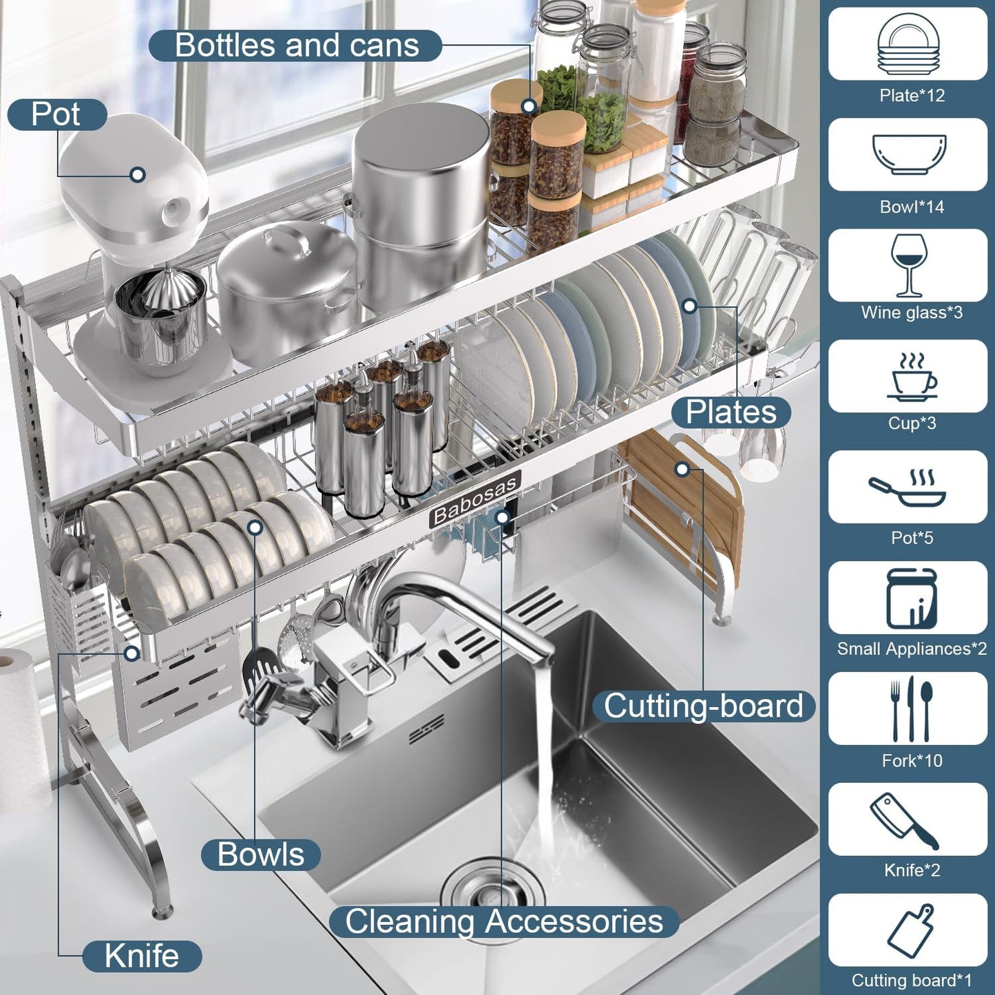 Over The Sink Dish Drying Rack,3 Tier Adjustable Length (25.5'' to 37.4'') Full Stainless Steel