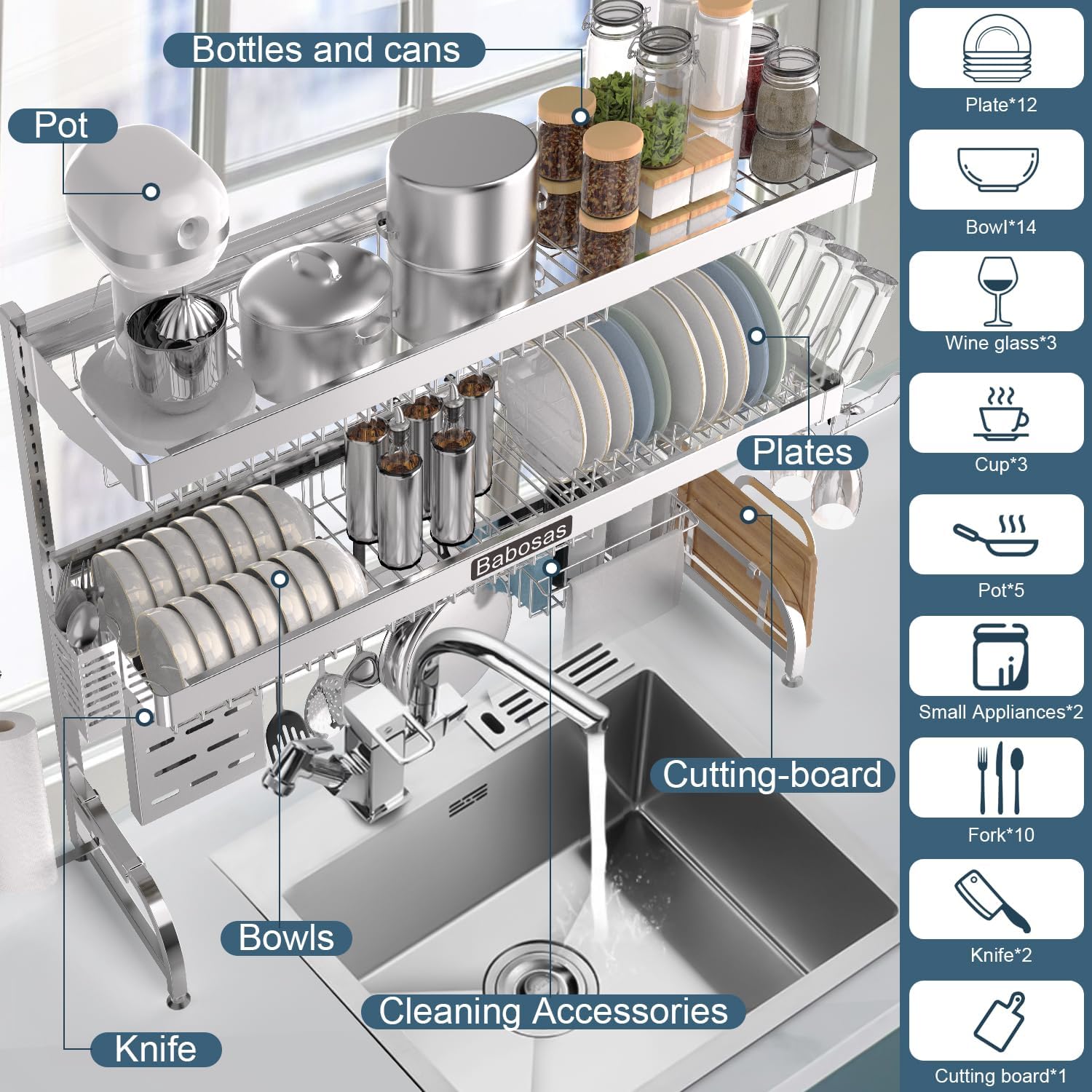 Over The Sink Dish Drying Rack,3 Tier Adjustable Length (25.5'' to 37.4'') Full Stainless Steel