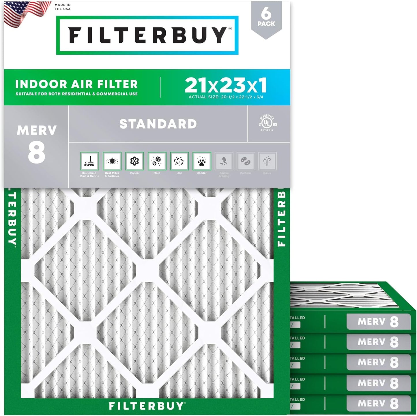 Filterbuy 21x23x1 Air Filter MERV 8 (MPR 700) Dust Defense Replacement (6-Pack), Electrostatic