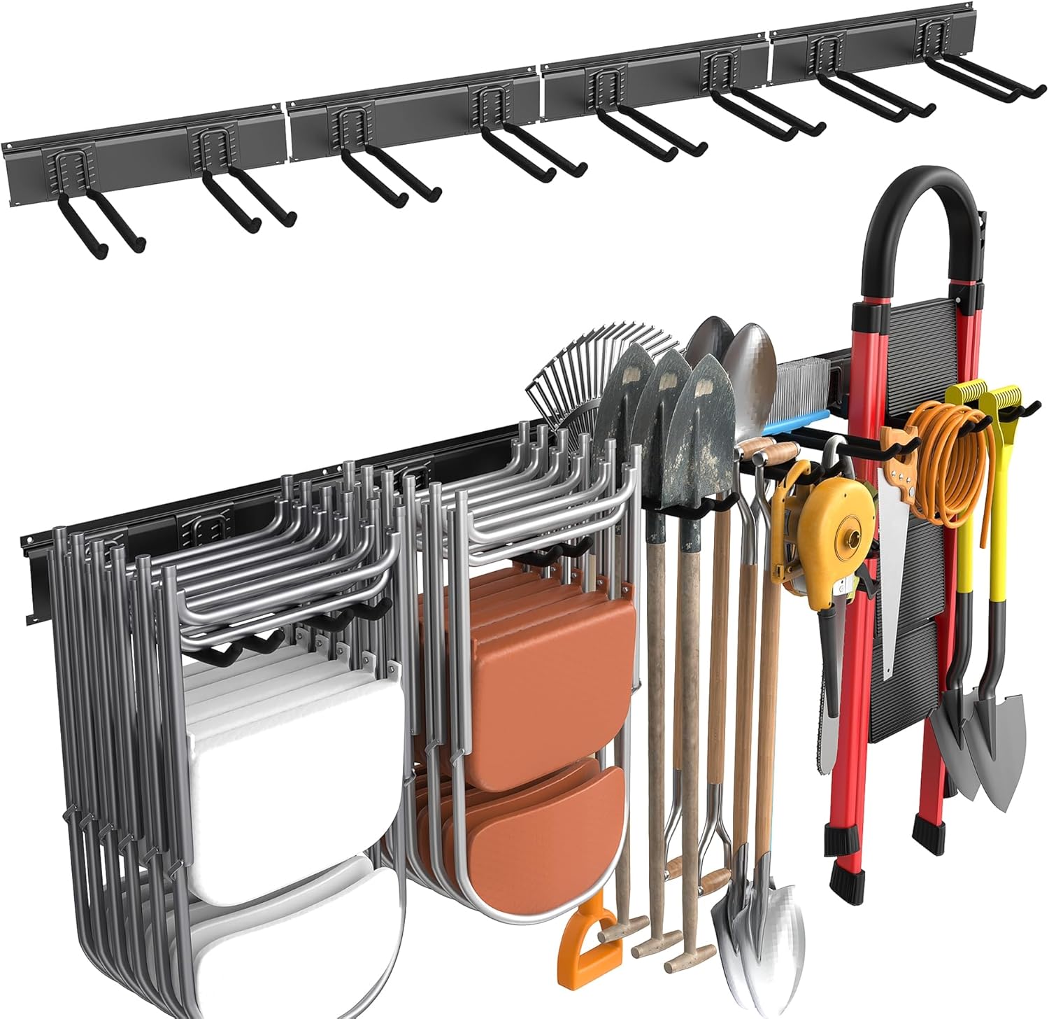 WALMANN Wall Mounted Garden Tool Organizer for Garage, Heavy Duty Folding Chair Storage Rack