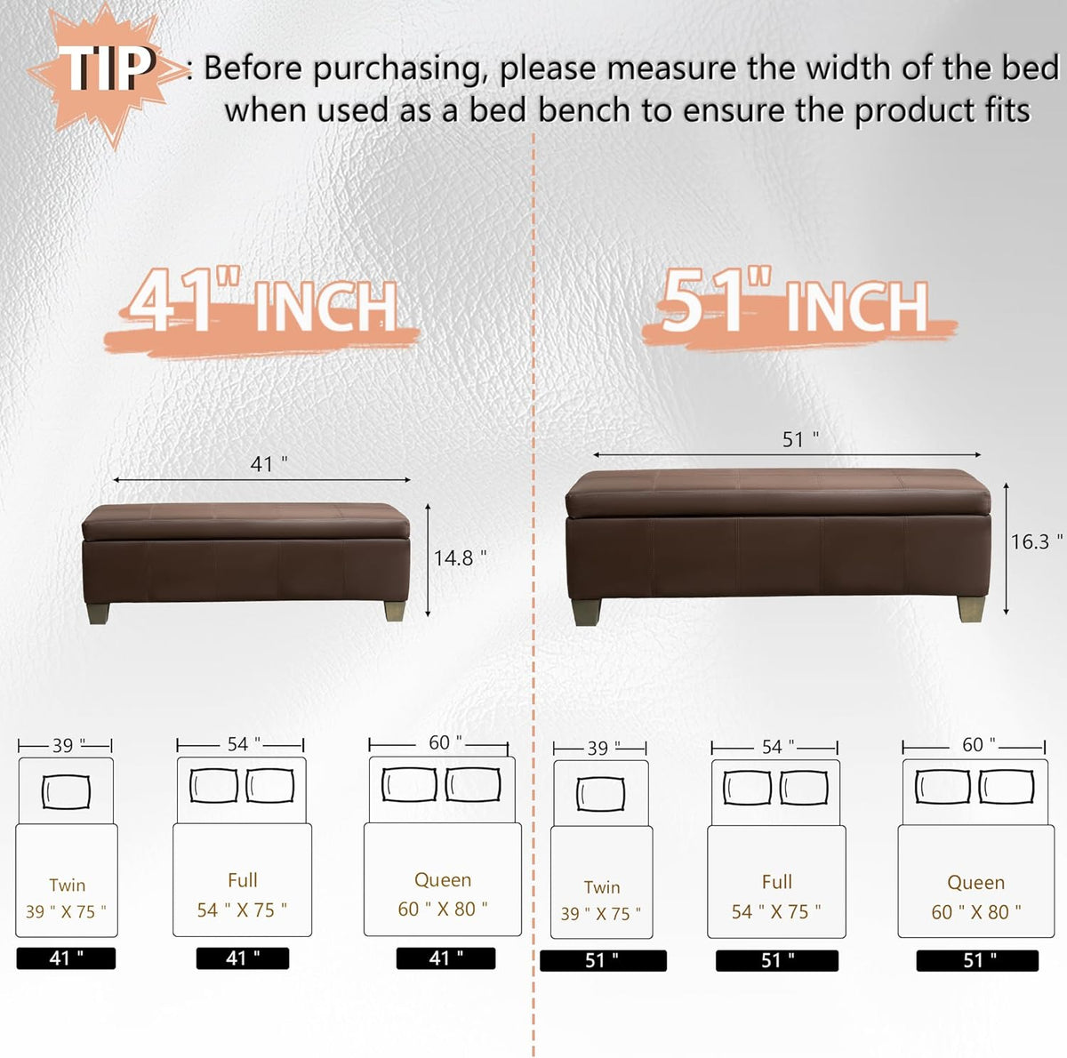 Brown Faux Leather Ottoman with Storage, Rectangular Extra Long Storage Bench for Bedroom and