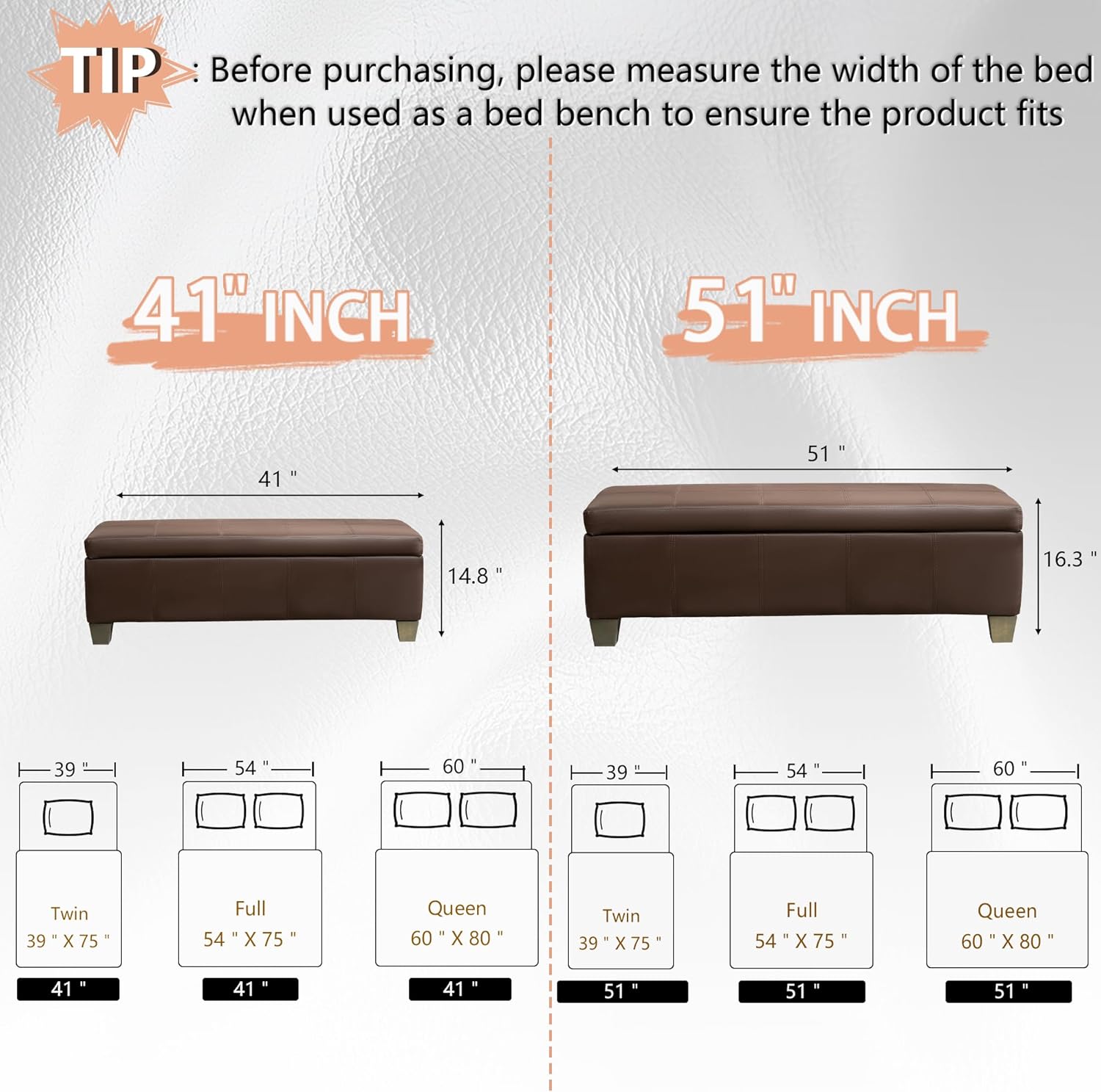 Brown Faux Leather Ottoman with Storage, Rectangular Extra Long Storage Bench for Bedroom and