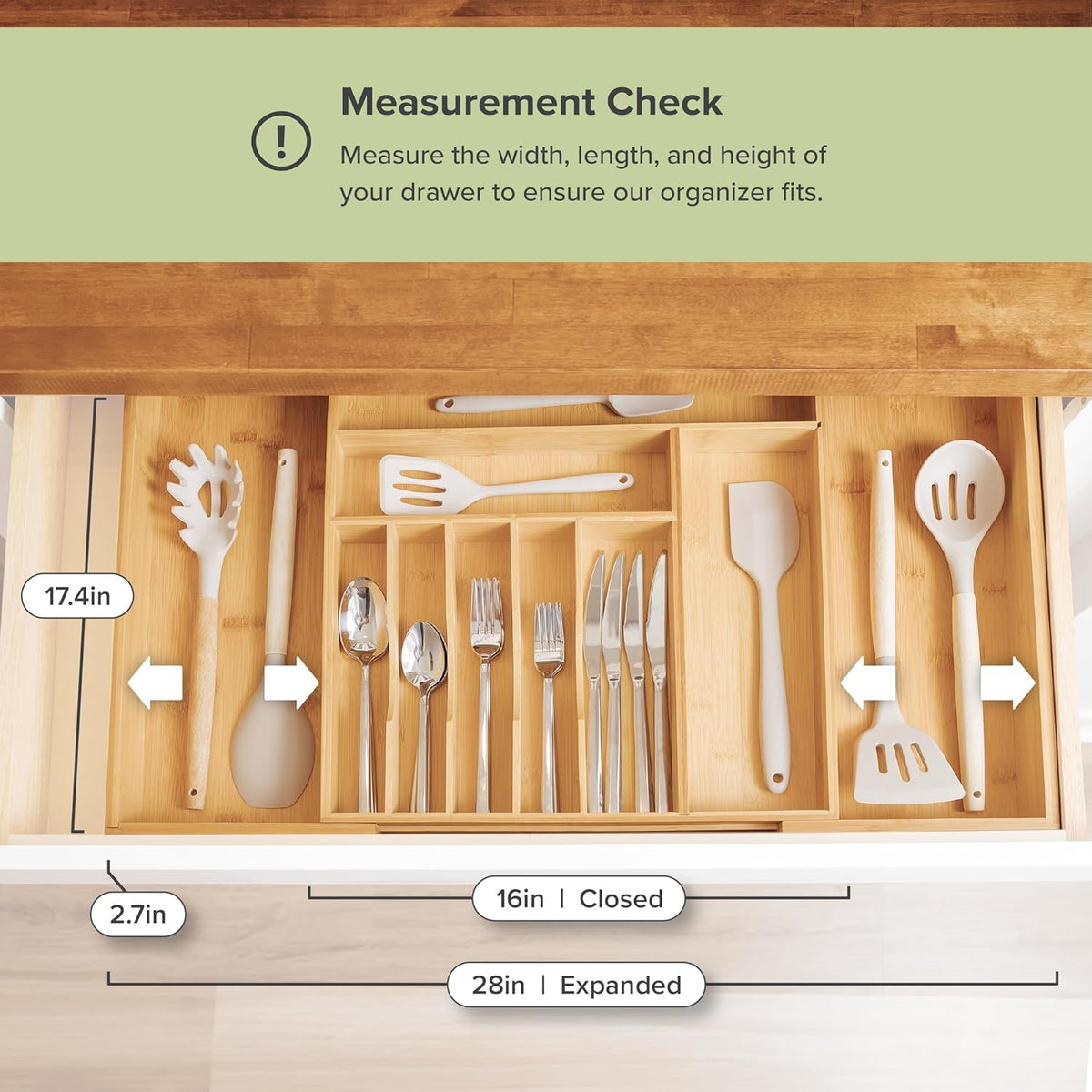 KitchenEdge Premium Silverware, Flatware and Utensil Organizer for Kitchen Drawers, Food-Safe
