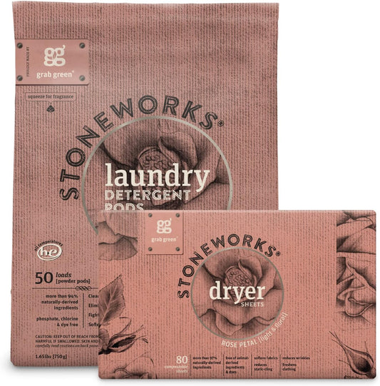 Grab Green Stoneworks Laundry Detergent Pods and Dryer Sheet Bundle (Rose Petal, 80 Count (Pack of