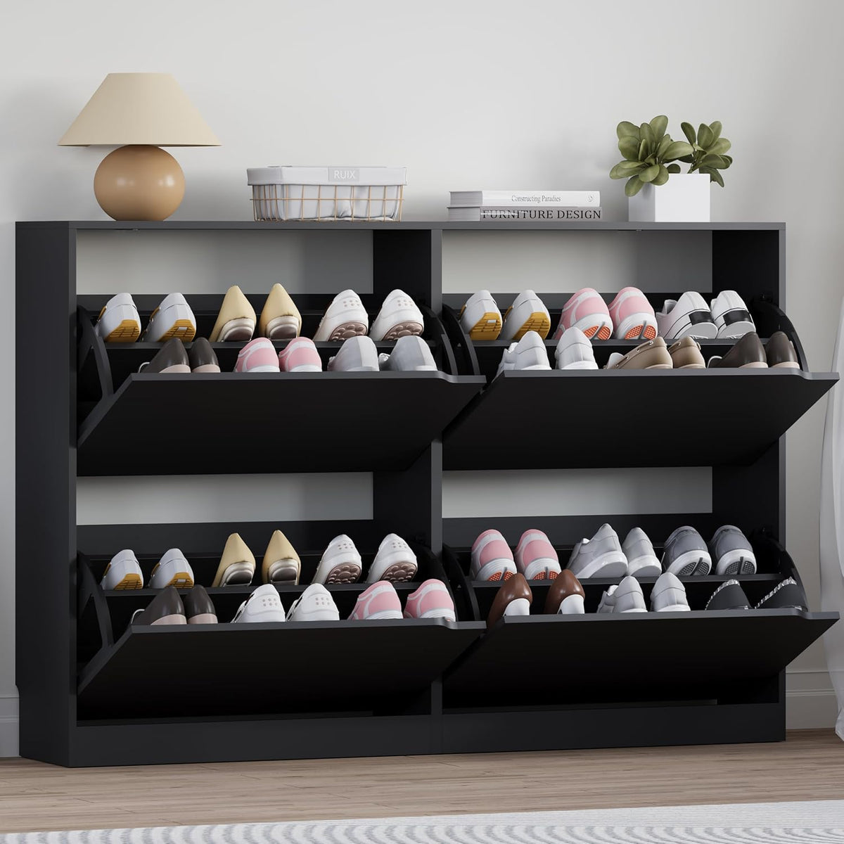 Shoe Cabinet with 4 Flip Drawers, Narrow Hidden Shoe Storage Cabinet, Slim Freestanding Shoe Rack