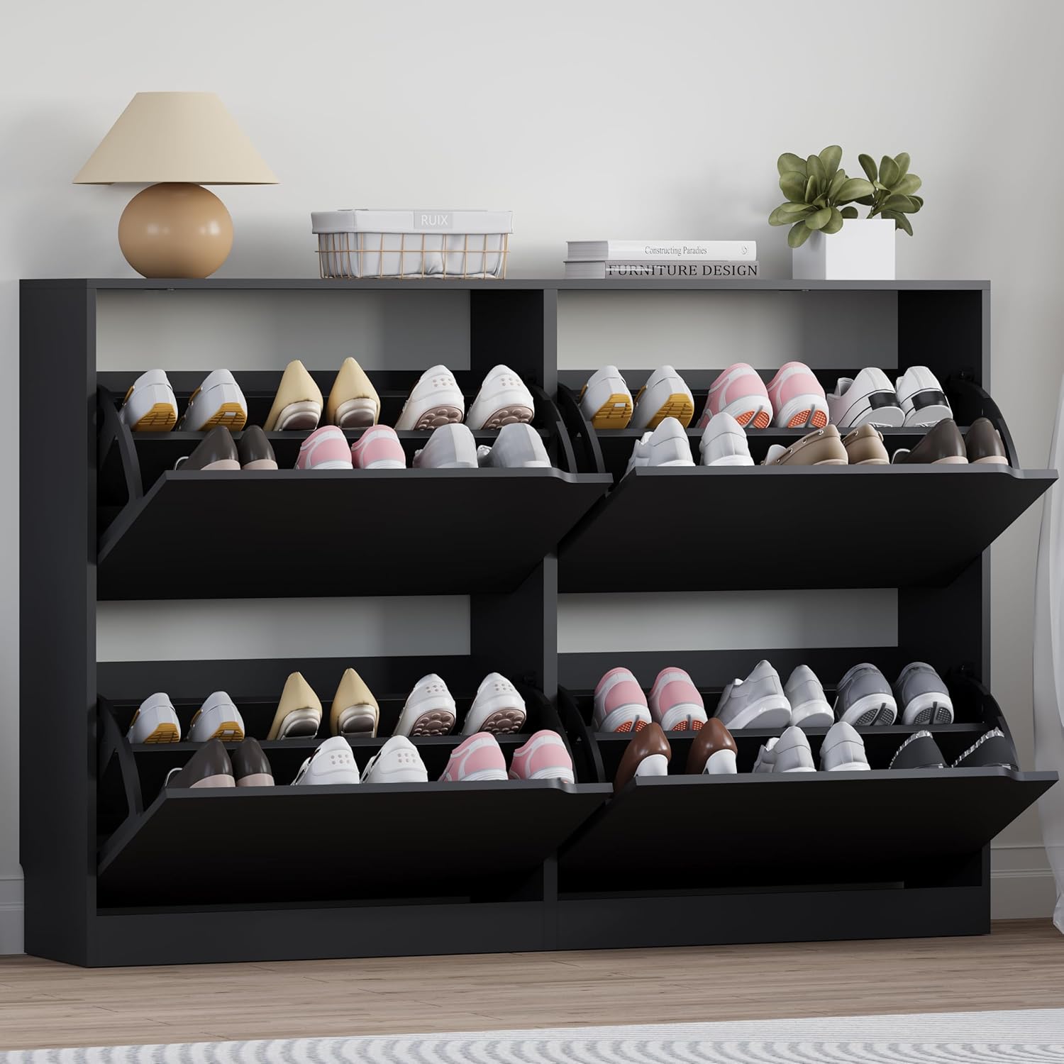 Shoe Cabinet with 4 Flip Drawers, Narrow Hidden Shoe Storage Cabinet, Slim Freestanding Shoe Rack