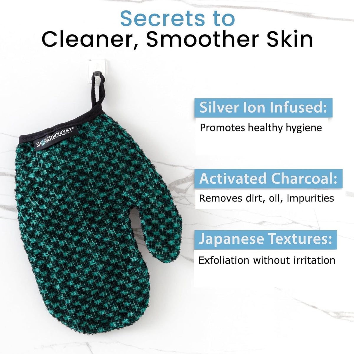 Japanese Exfoliating Mitt 2-Pack - Charcoal & Silver Ion Exfoliating Gloves for Shower - Soft Inner