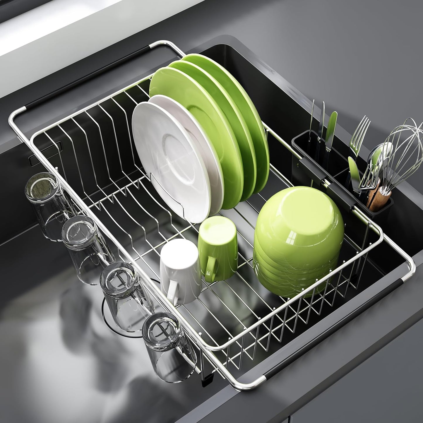 JASIWAY Dish Drying Rack in Sink, Expandable Stainless Steel Dish Drainers for Kitchen Counter