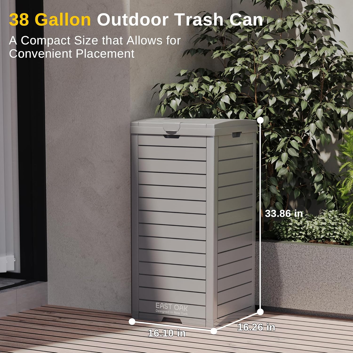EAST OAK 38 Gallon Outdoor Trash Can | Waterproof Resin Garbage Can with Tiered Lid & Drip Tray |