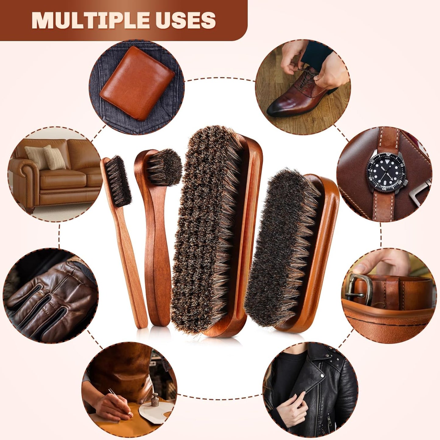 4 Pcs Horsehair Shine Shoes Brush Kit Polish Dauber Applicators Cleaning Leather Shoes Boots Care